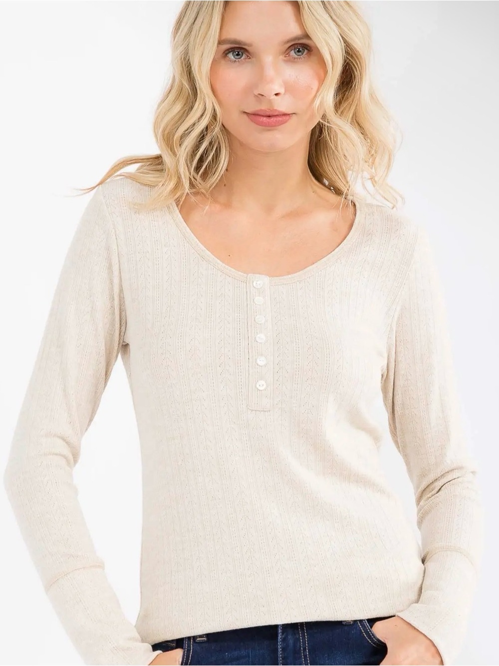 7th Ray White Ribbed Long-Sleeve Henley Top